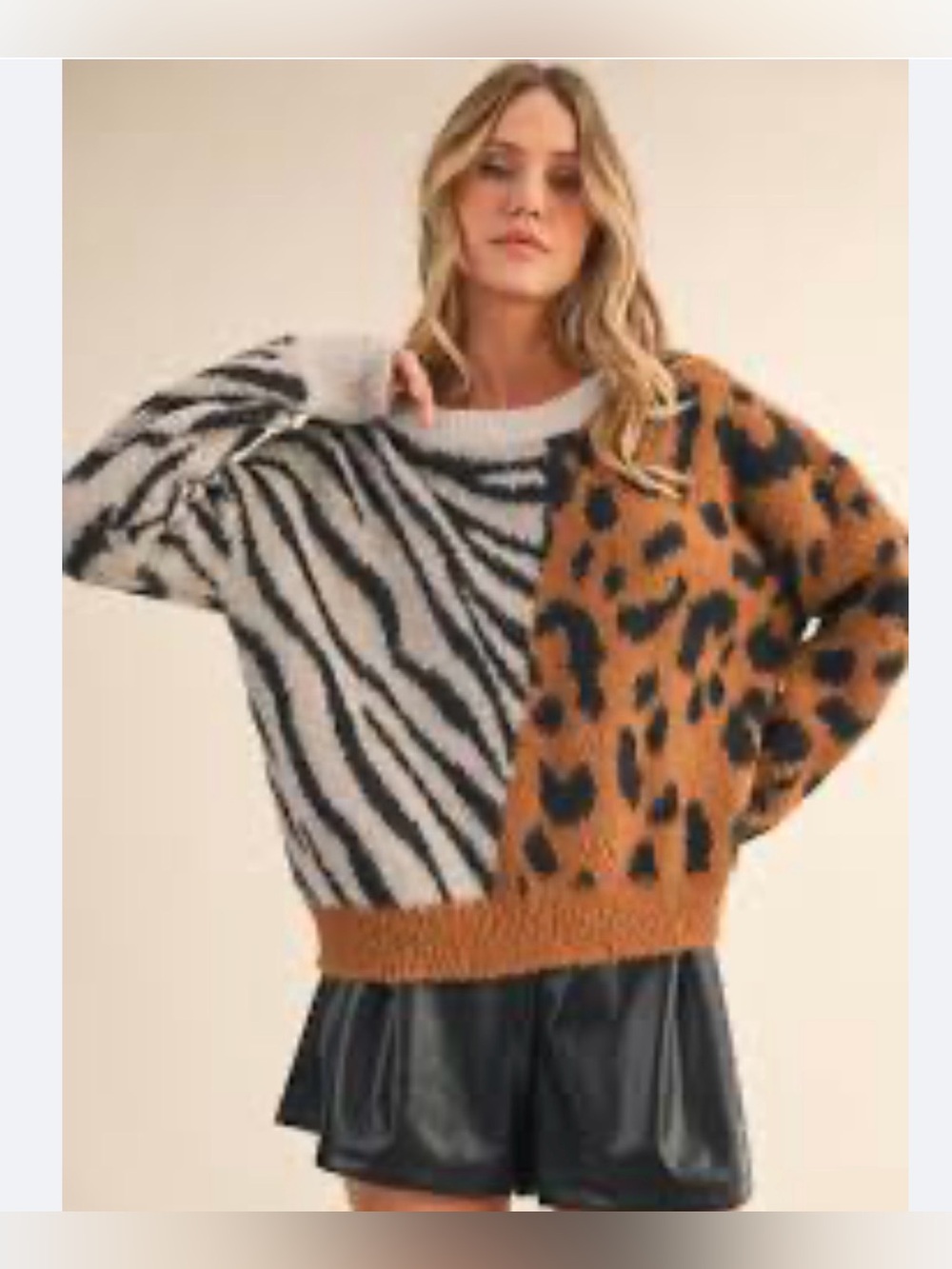 #3357**Mixed Animal Print Colorblock Sweater - Tan/Black/White